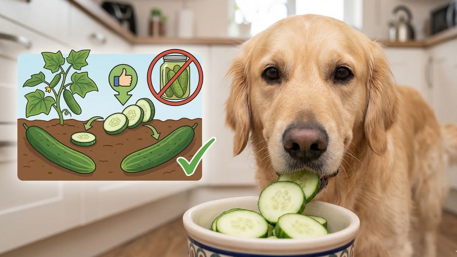 Golden retriever eating cucumber slices beside safe feeding guide