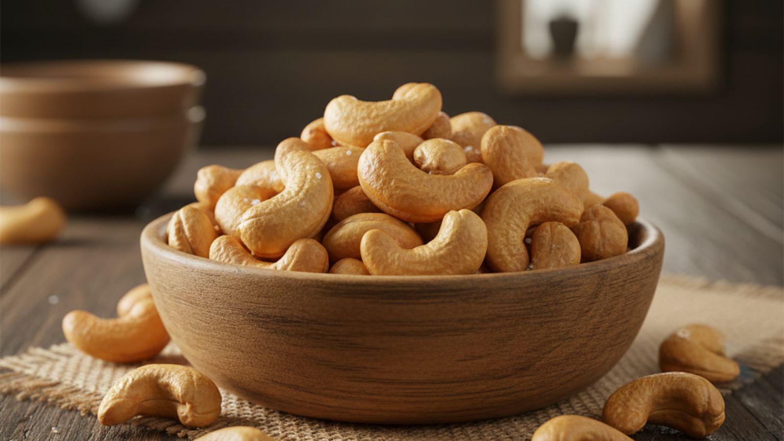 Close-up of roasted cashews in wooden bowl on rustic kitchen table