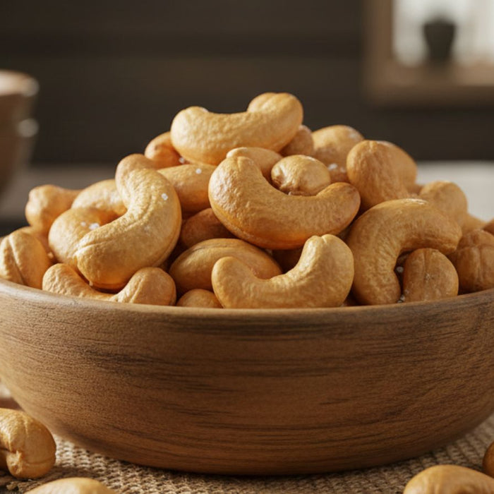 Close-up of roasted cashews in wooden bowl on rustic kitchen table