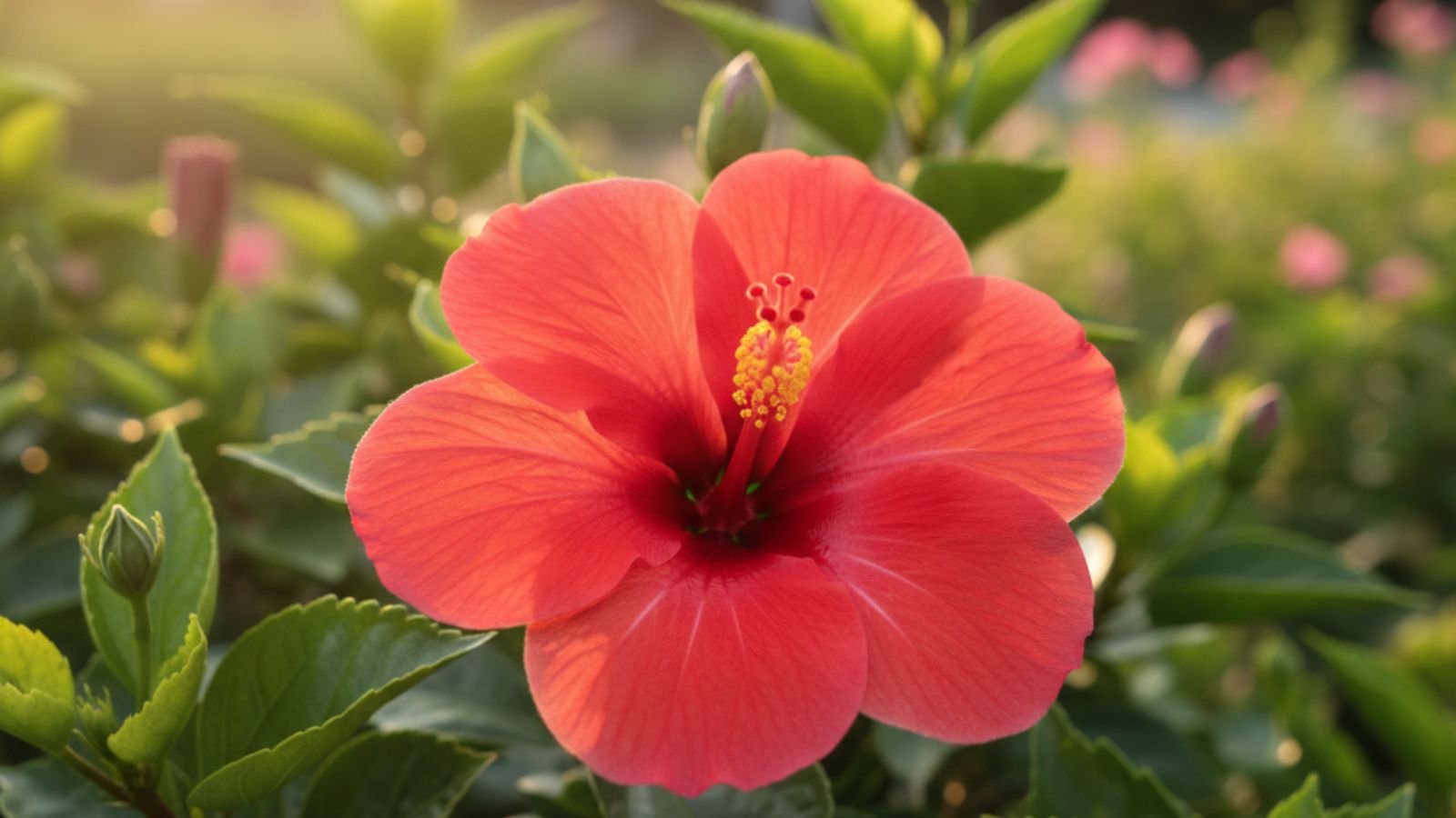 Close-up of red hibiscus flower blooming in sunlight