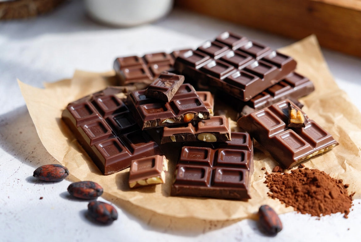 Assorted milk and dark chocolate bars with cocoa powder and cacao