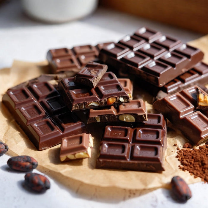 Assorted milk and dark chocolate bars with cocoa powder and cacao