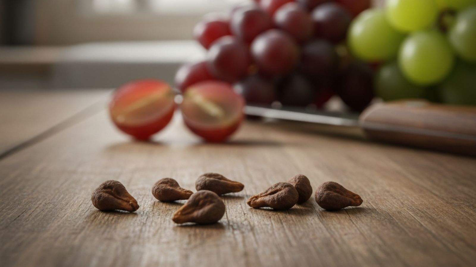 Grape seeds scattered on table with sliced grapes in background