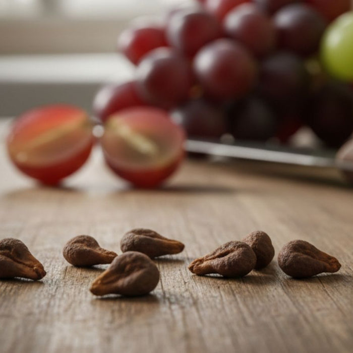 Grape seeds scattered on table with sliced grapes in background