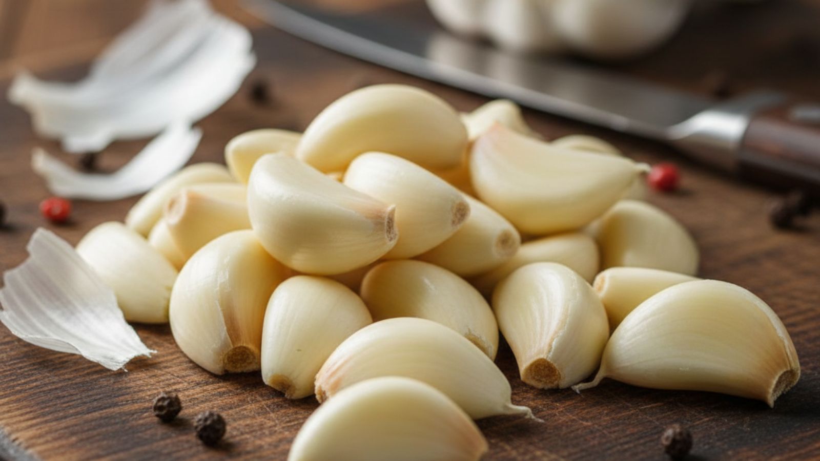 Peeled garlic cloves piled neatly on cutting board with knife nearby