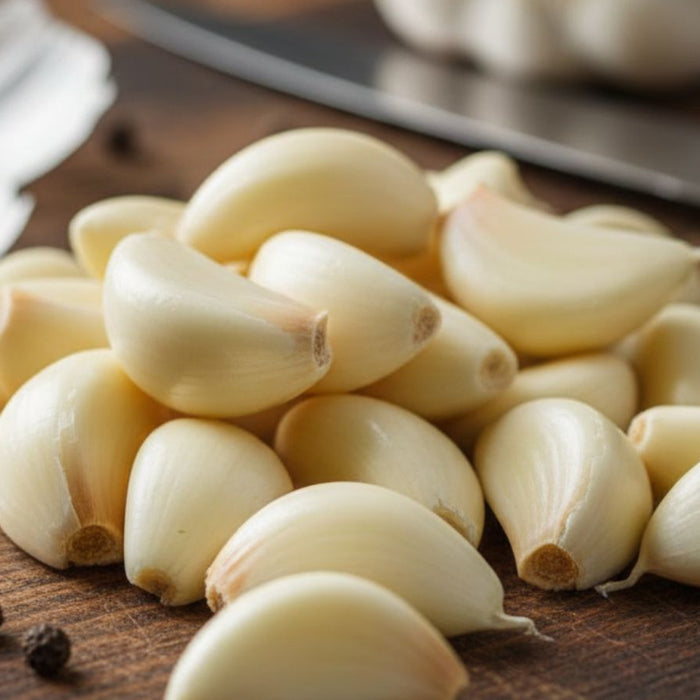 Peeled garlic cloves piled neatly on cutting board with knife nearby