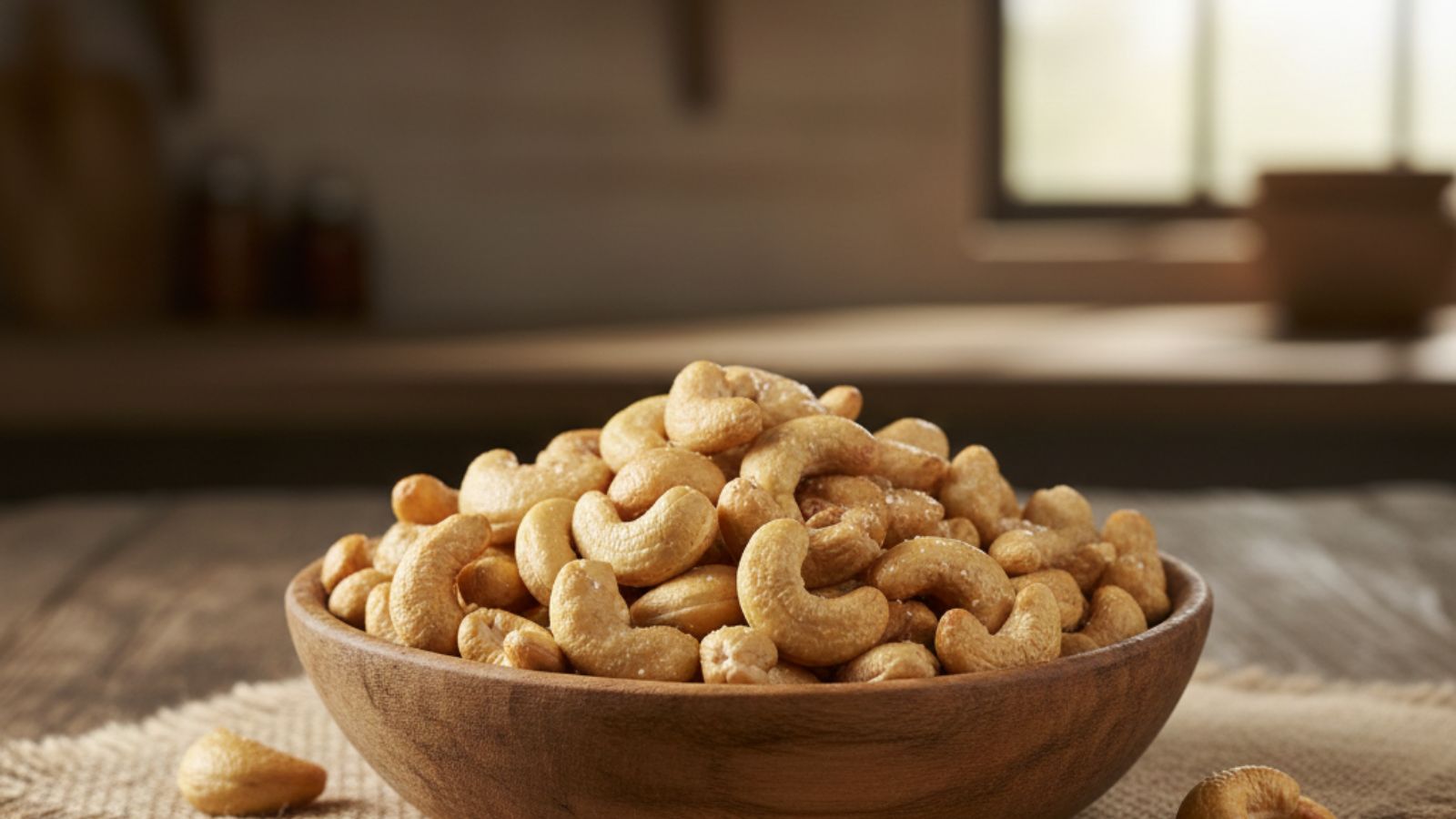 Wooden bowl filled with salted roasted cashews on burlap cloth