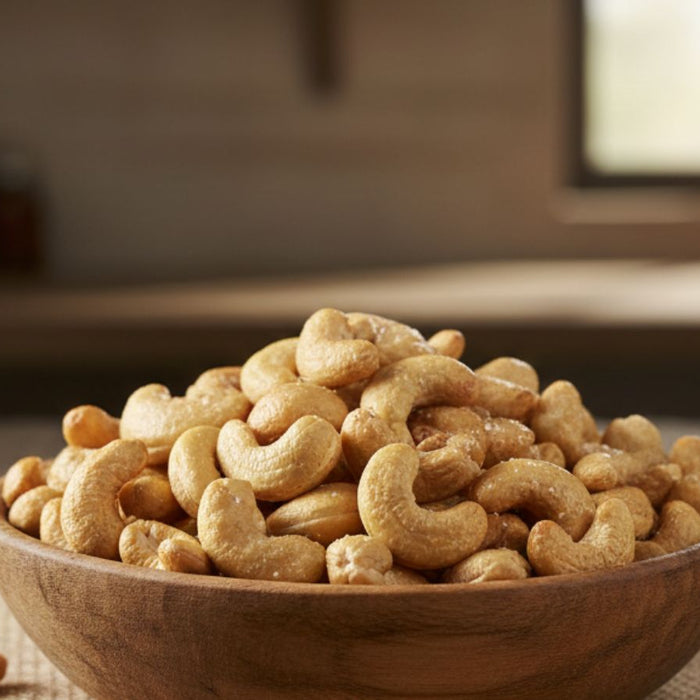 Wooden bowl filled with salted roasted cashews on burlap cloth