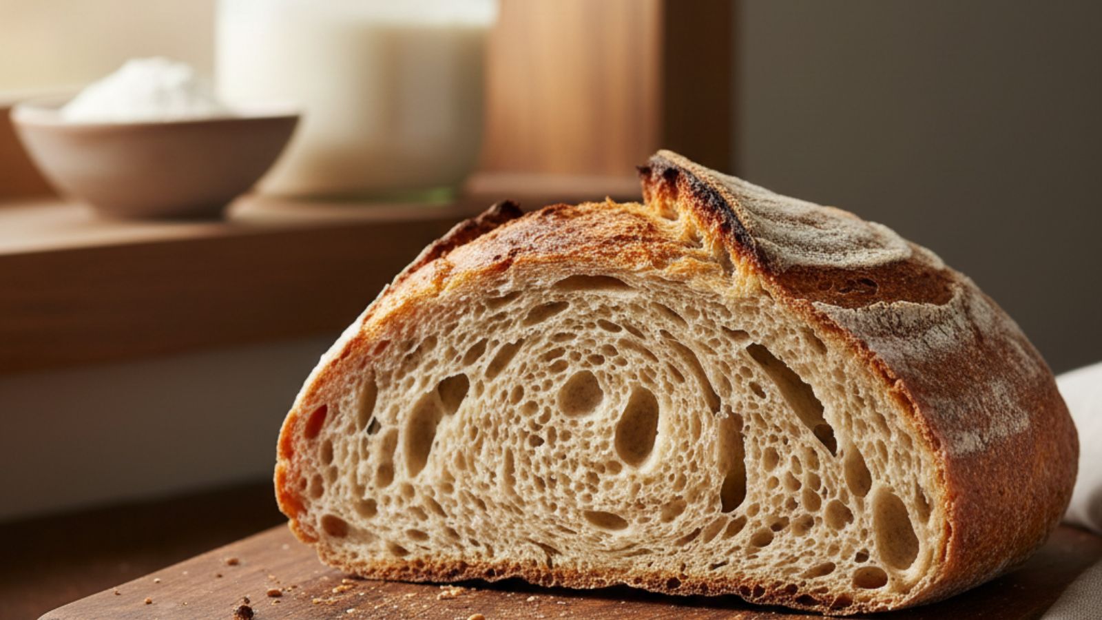 Fresh baked sourdough loaf on rustic kitchen table