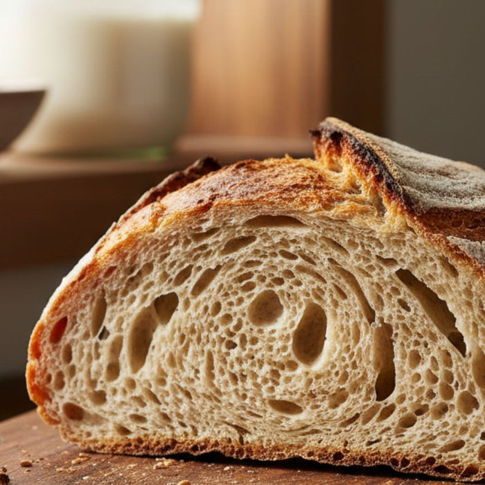 Fresh baked sourdough loaf on rustic kitchen table