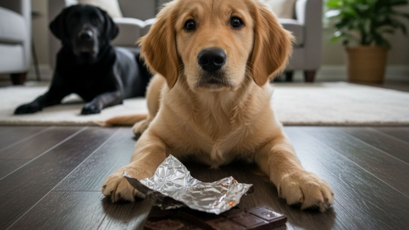 Golden puppy with chocolate bar while black dog watches behind