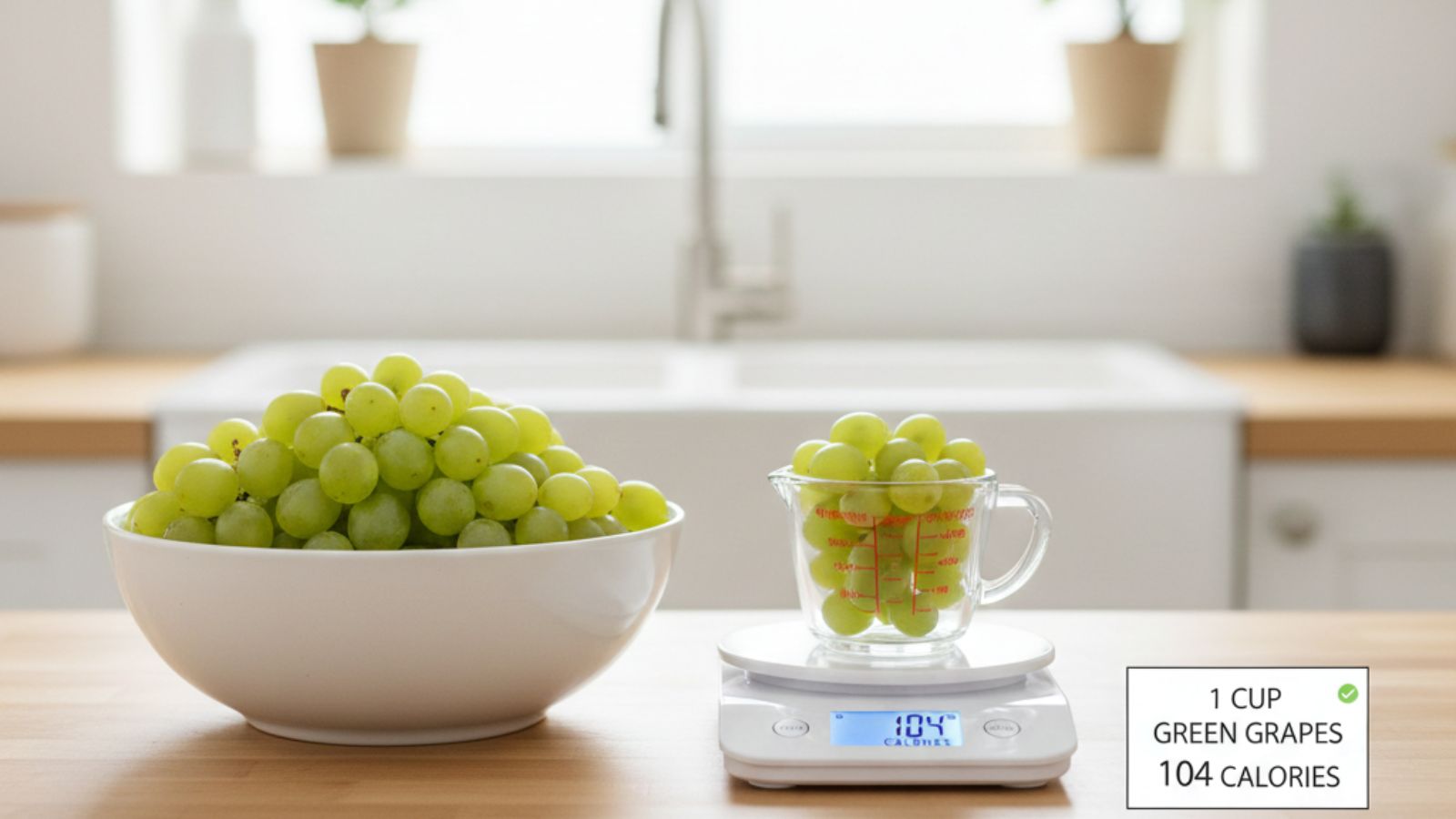 Green grapes measured in cup on scale showing 104 calories