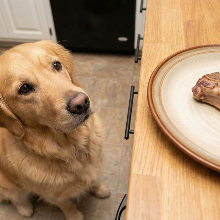 Dog watching cooked pork chop on plate on kitchen counter