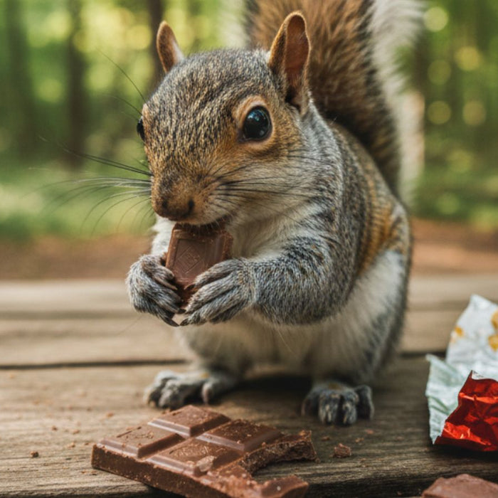 Cute squirrel eating chocolate on wooden table in forest background