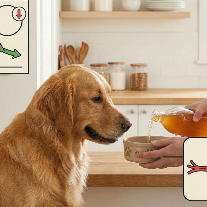 Dog served apple cider vinegar with digestion and heart health icons