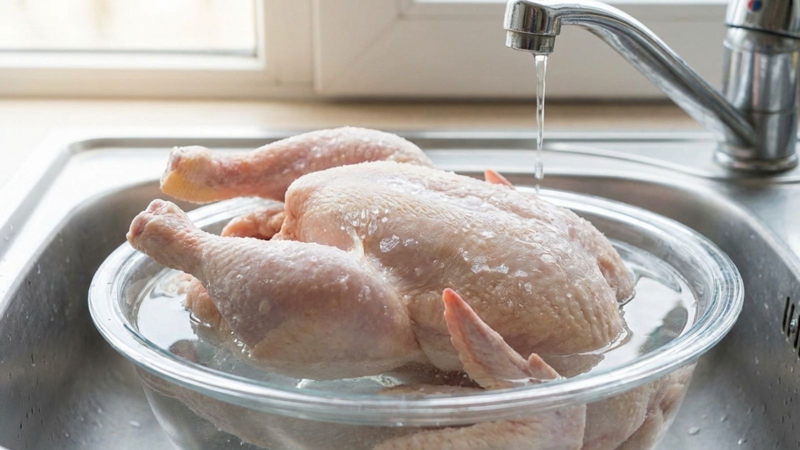 Raw whole chicken soaking in bowl under running kitchen faucet