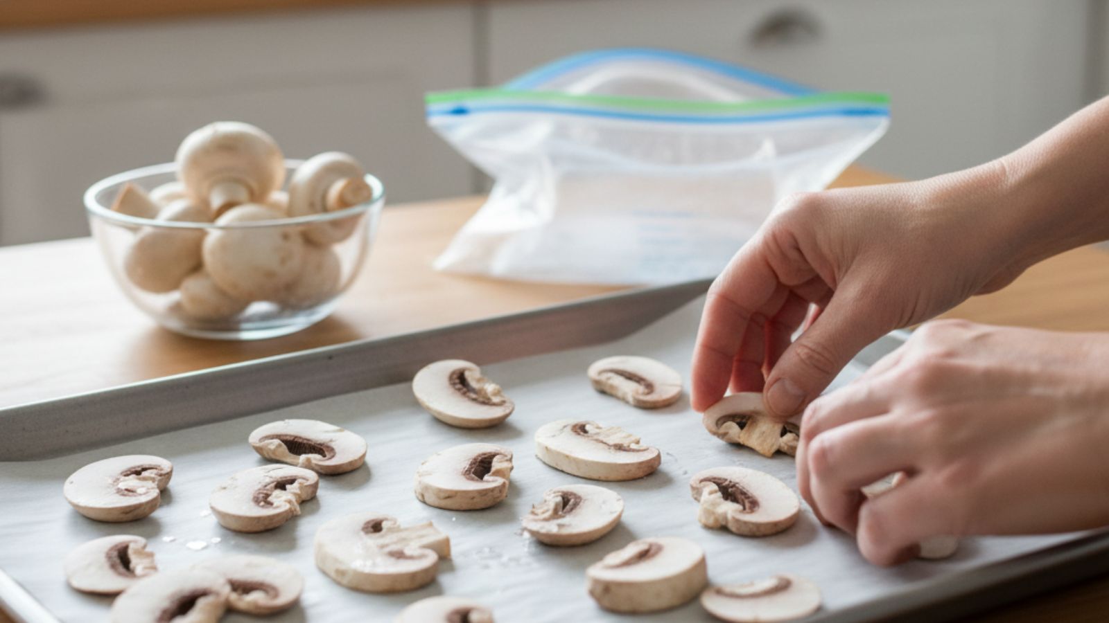 Hands place sliced mushrooms on tray for freezing with zip bag