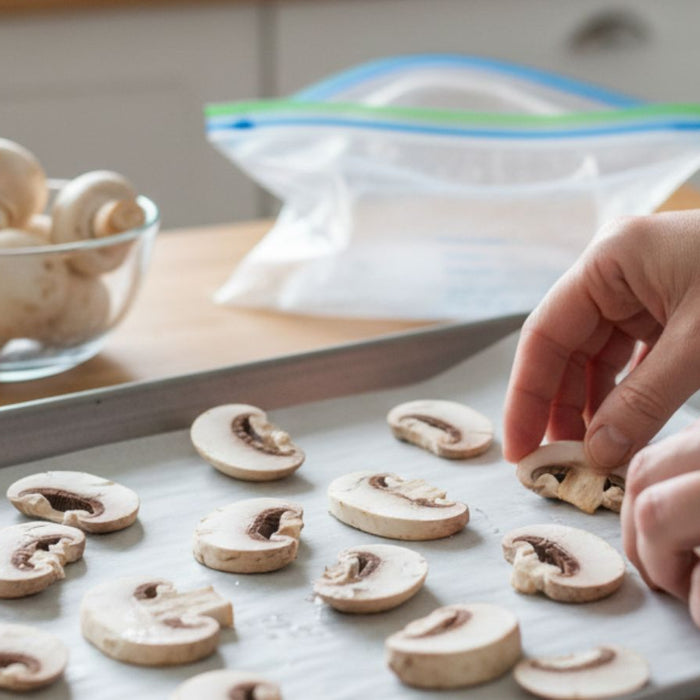 Hands place sliced mushrooms on tray for freezing with zip bag
