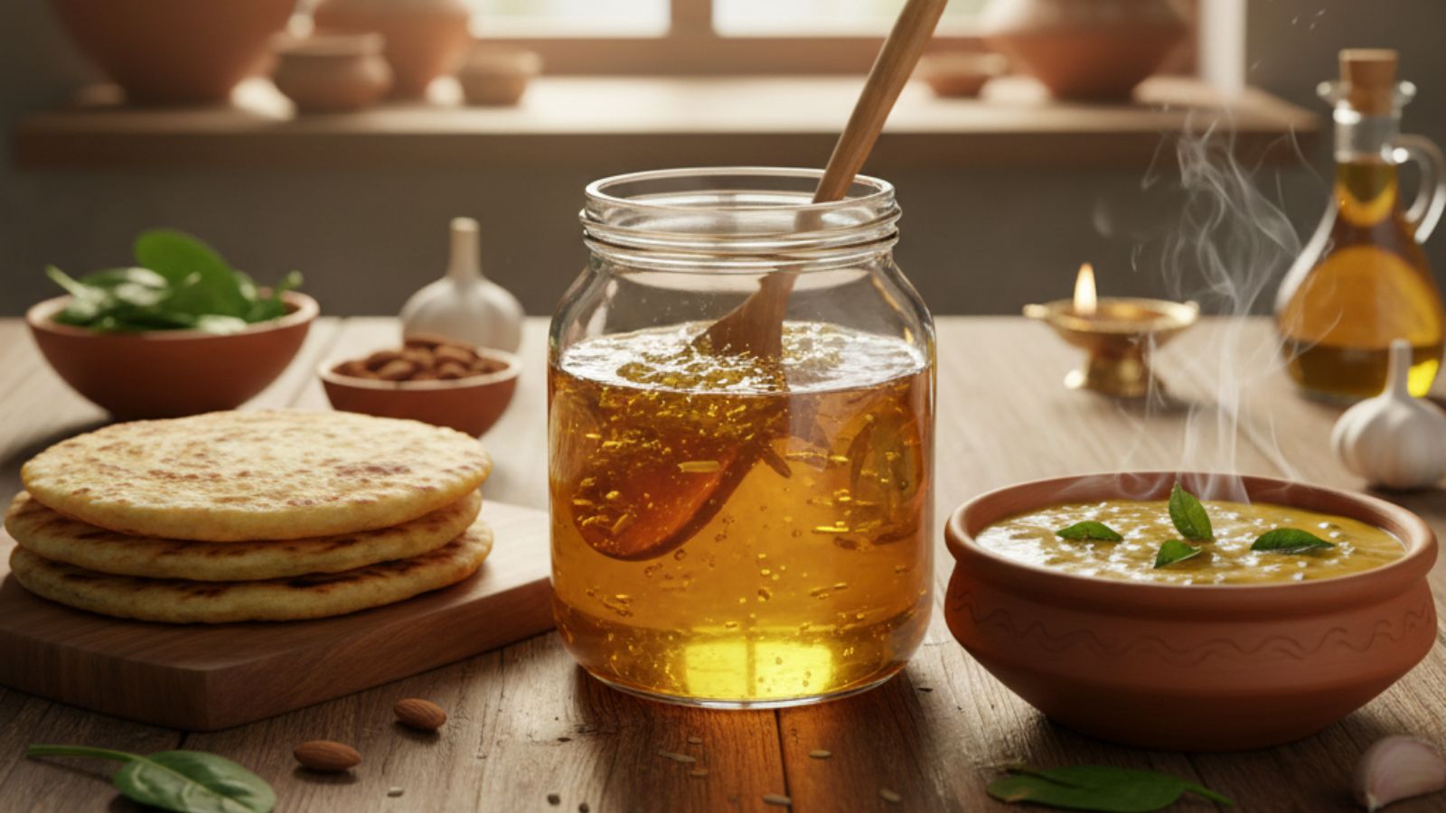 Jar of ghee served with flatbread and warm curry