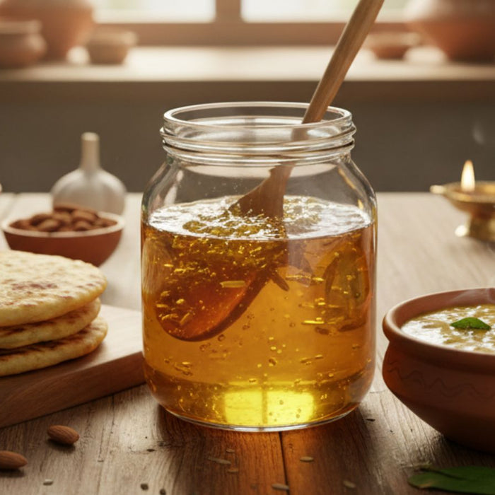 Jar of ghee served with flatbread and warm curry