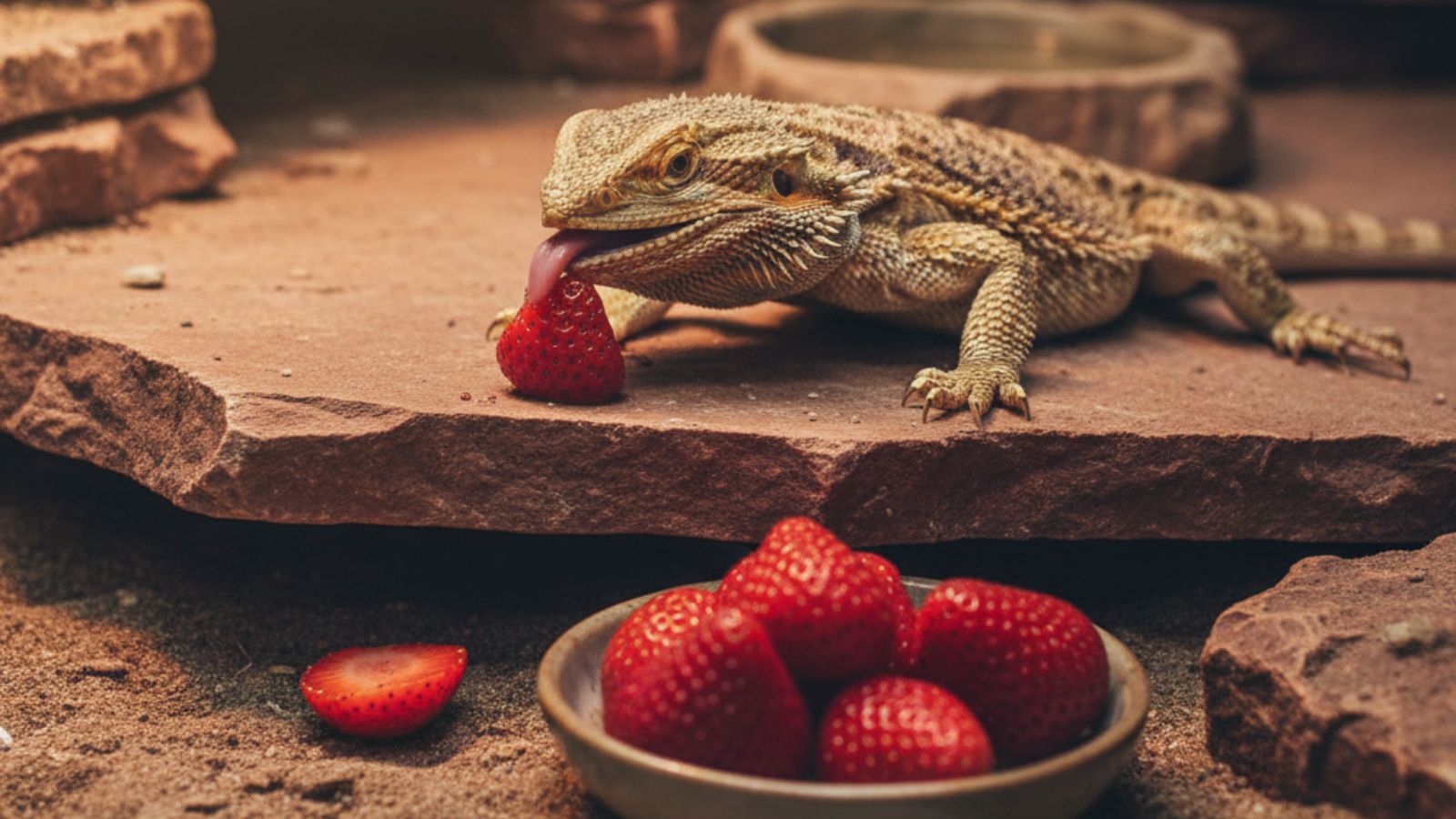 Bearded dragon licking a strawberry inside rocky terrarium