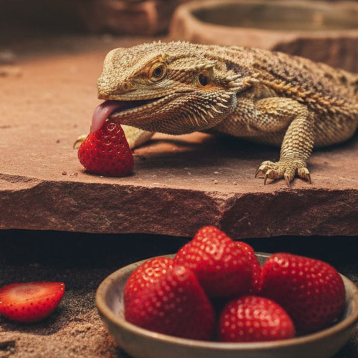 Bearded dragon licking a strawberry inside rocky terrarium