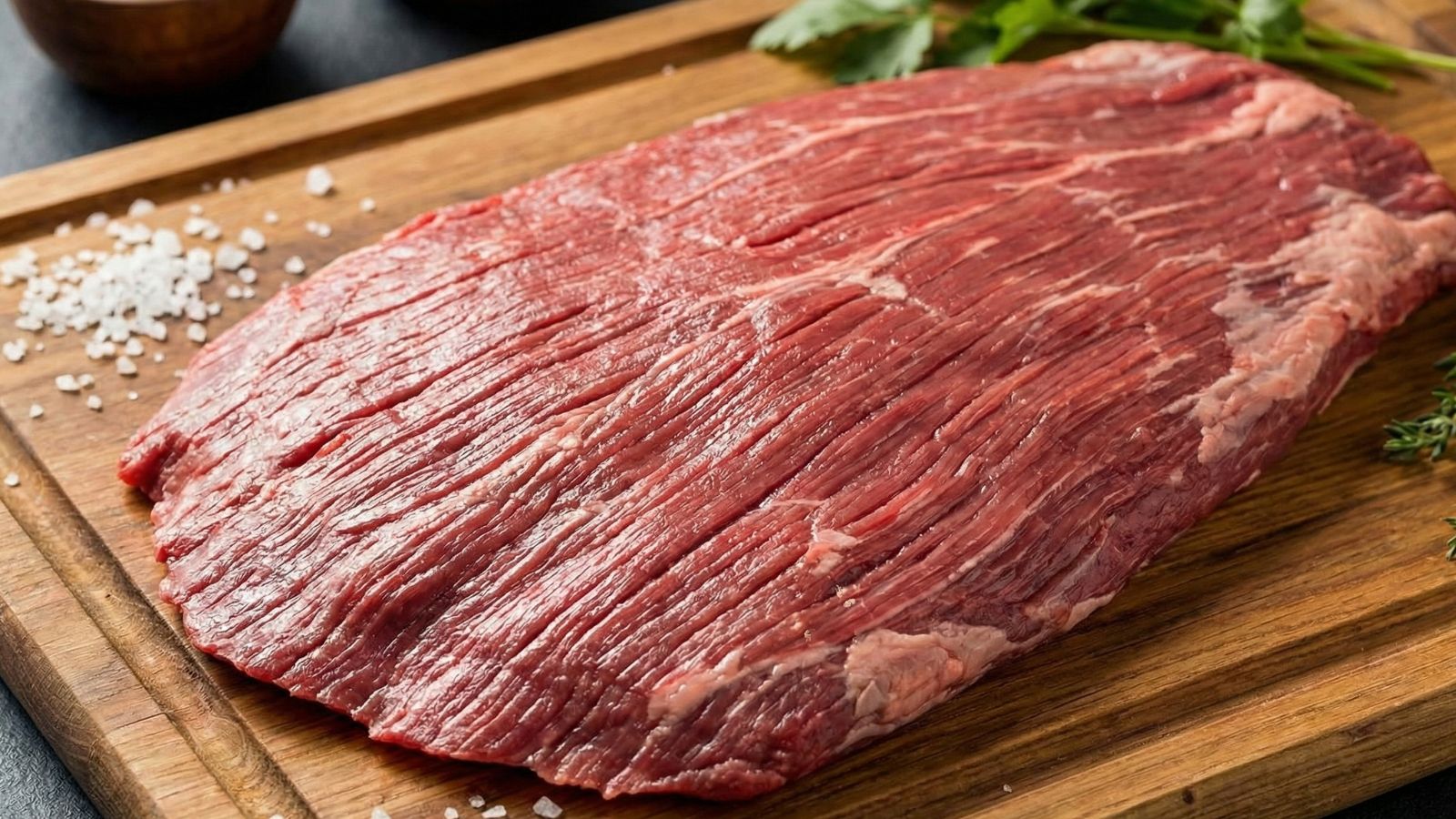 Raw flank steak laid flat on wooden cutting board with salt