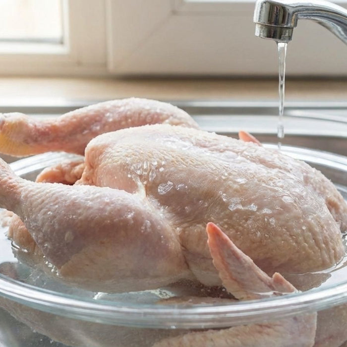 Raw whole chicken soaking in bowl under running kitchen faucet