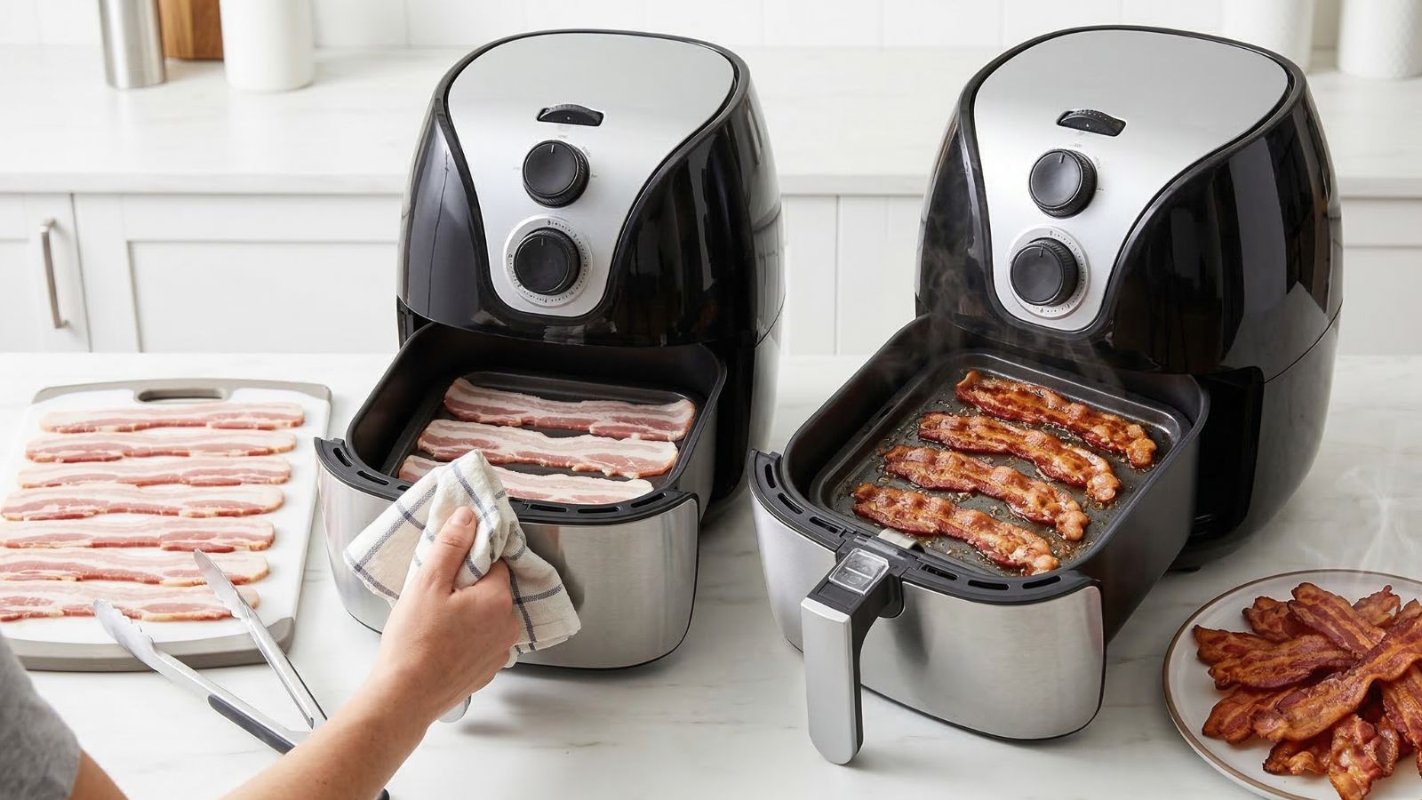 Crispy bacon cooking in air fryer on countertop