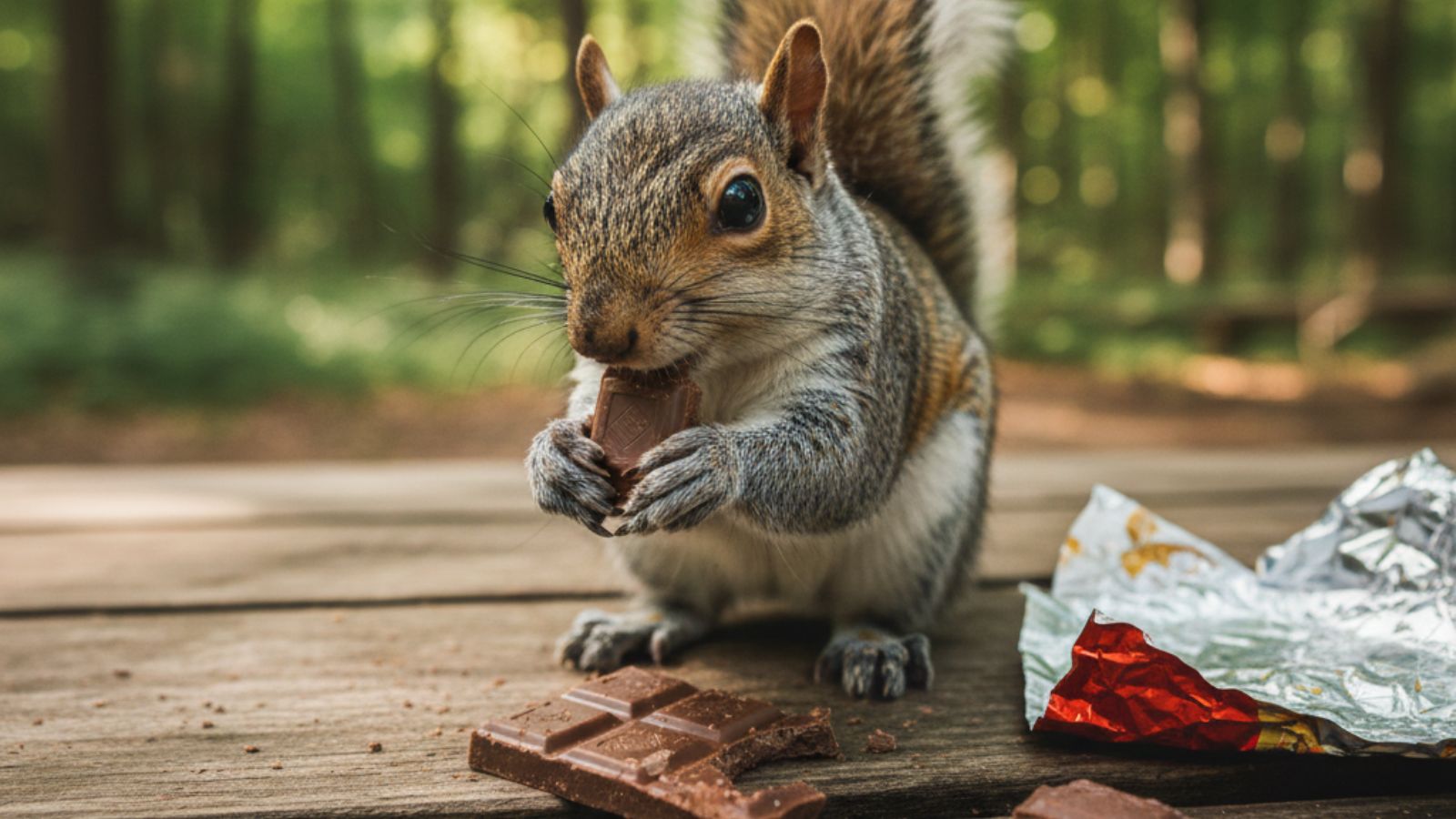 Cute squirrel eating chocolate on wooden table in forest background