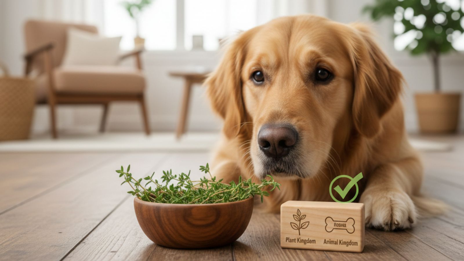 Dog lying near bowl of thyme with plant safety sign on floor