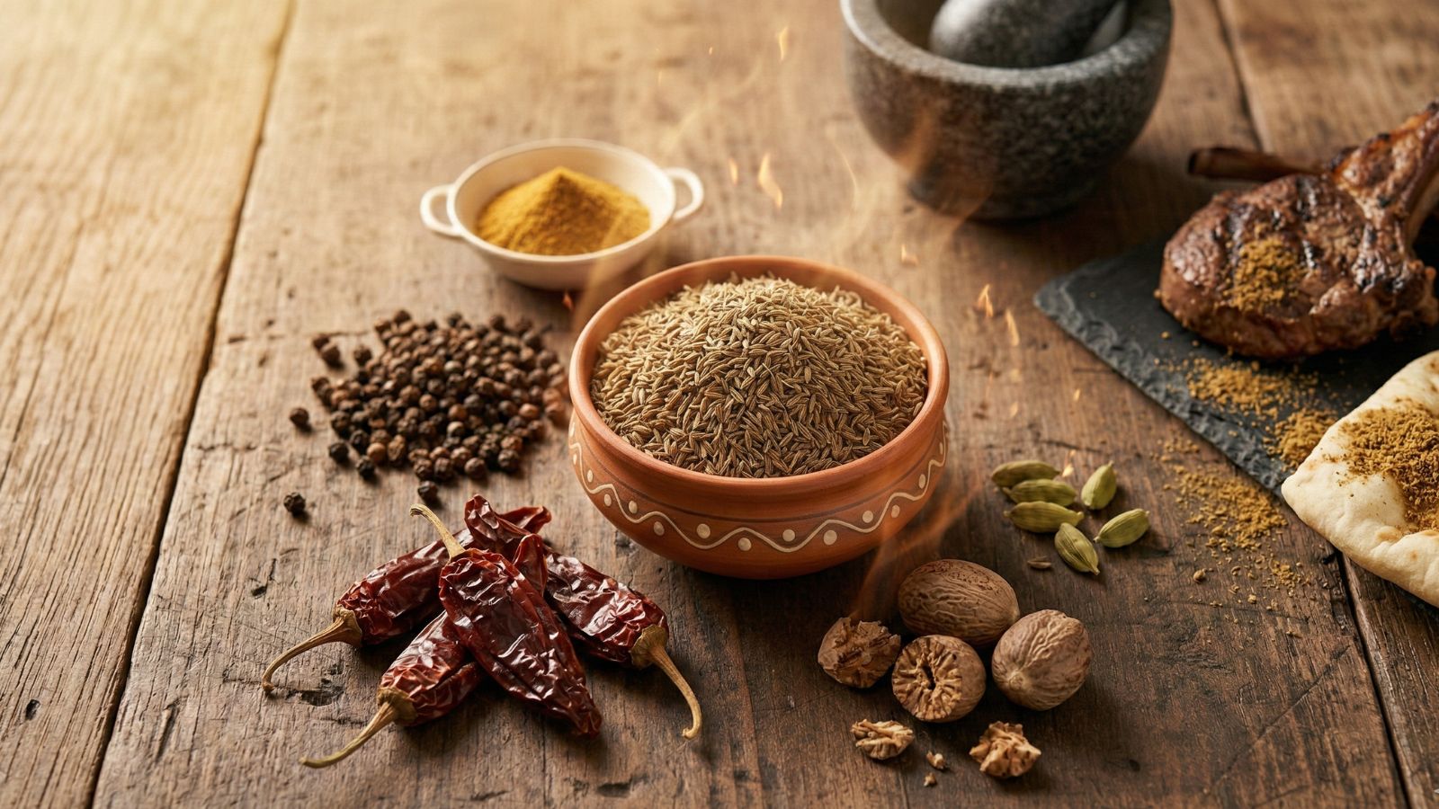 Cumin, chilies and spices used in truffle dishes