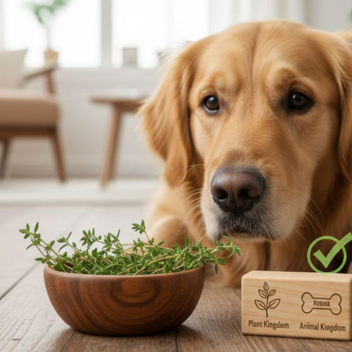 Dog lying near bowl of thyme with plant safety sign on floor
