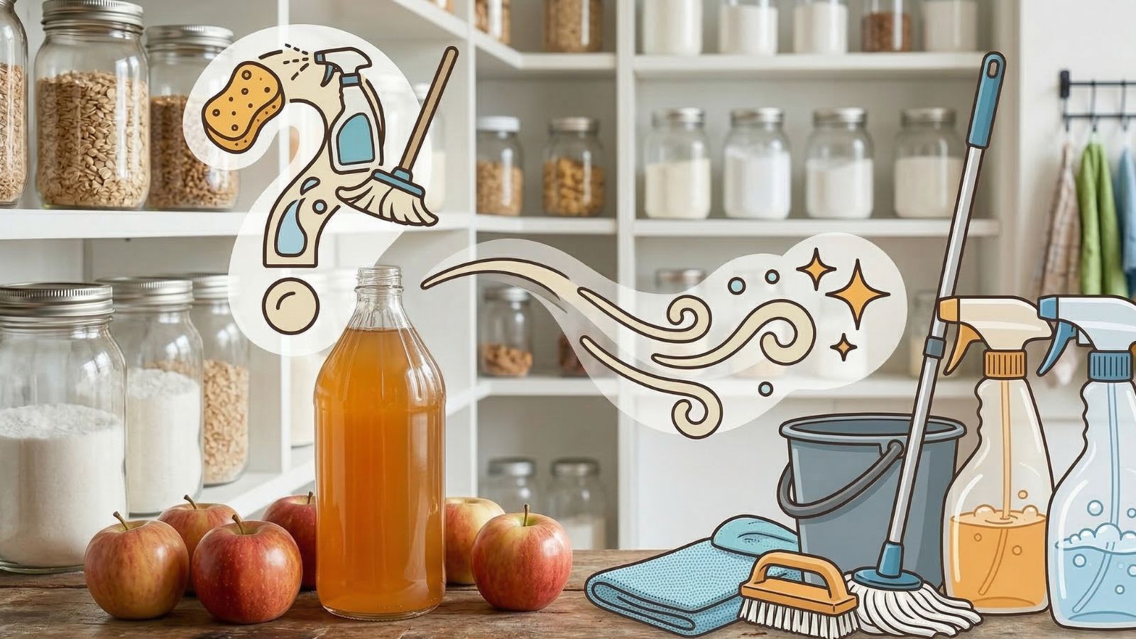 Apple cider vinegar bottle with icons for cleaning and deodorizing use