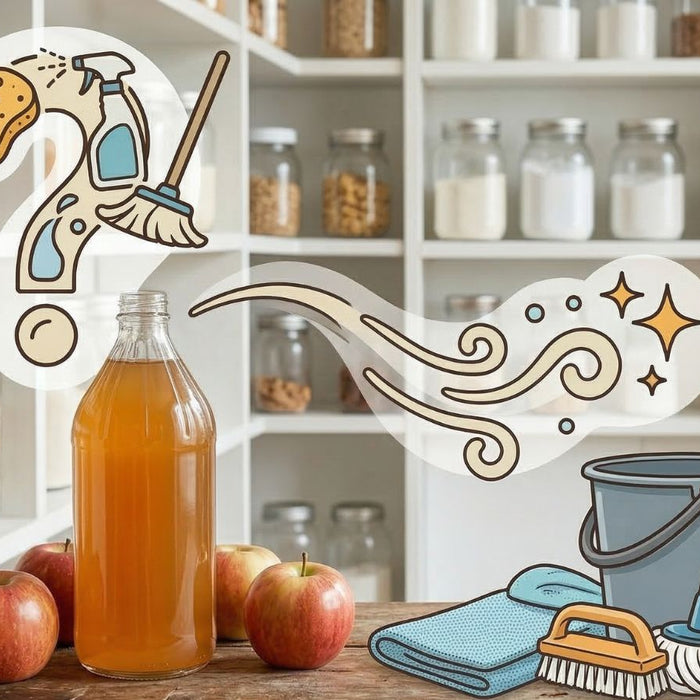 Apple cider vinegar bottle with icons for cleaning and deodorizing use
