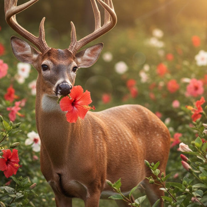 Deer holding red hibiscus flower in blooming garden