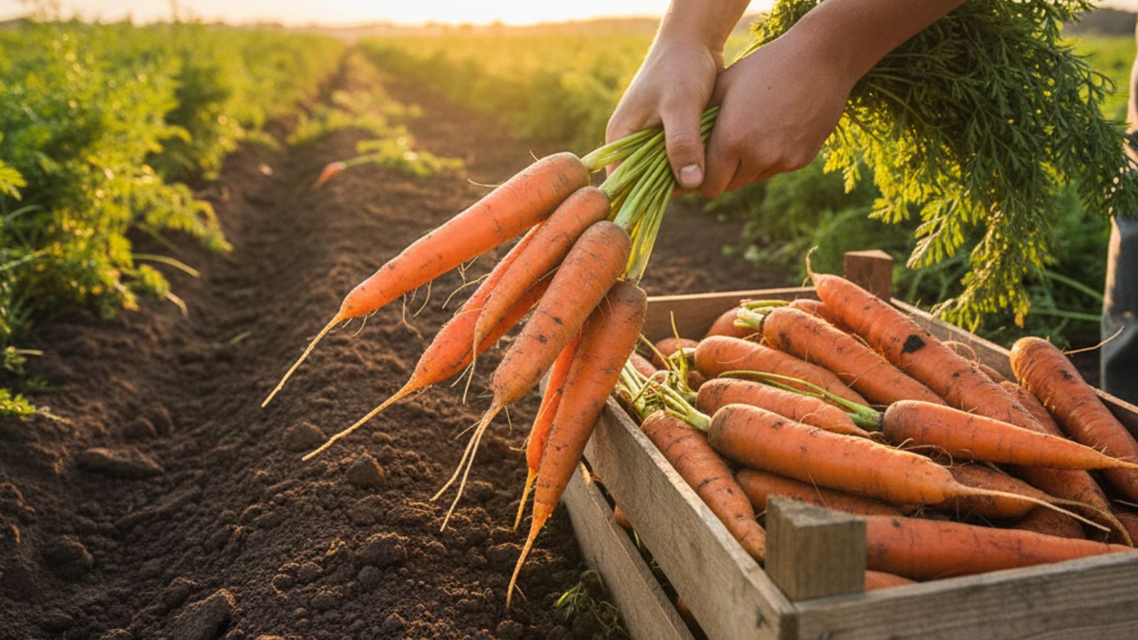 Hands harvesting fresh carrots into wooden crate in field