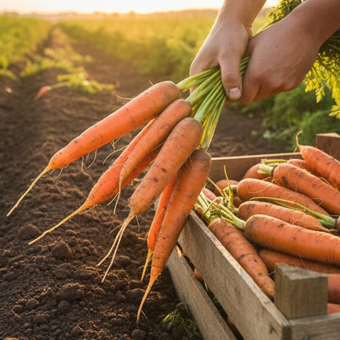 Hands harvesting fresh carrots into wooden crate in field