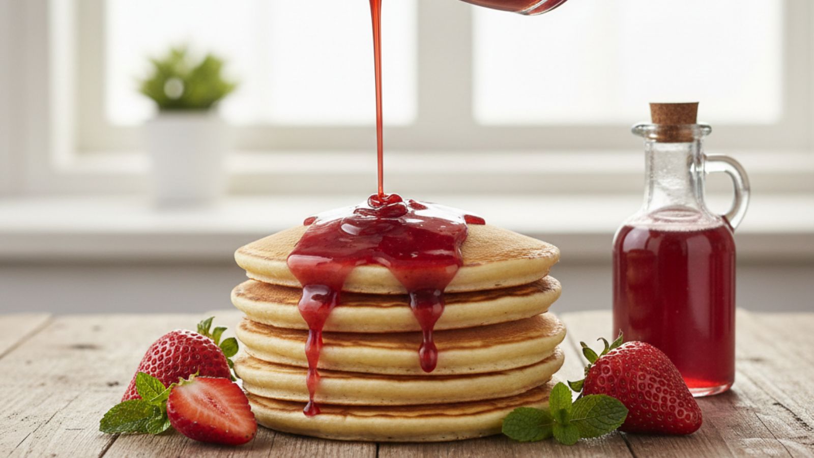 Stack of pancakes topped with strawberry syrup and fresh strawberries