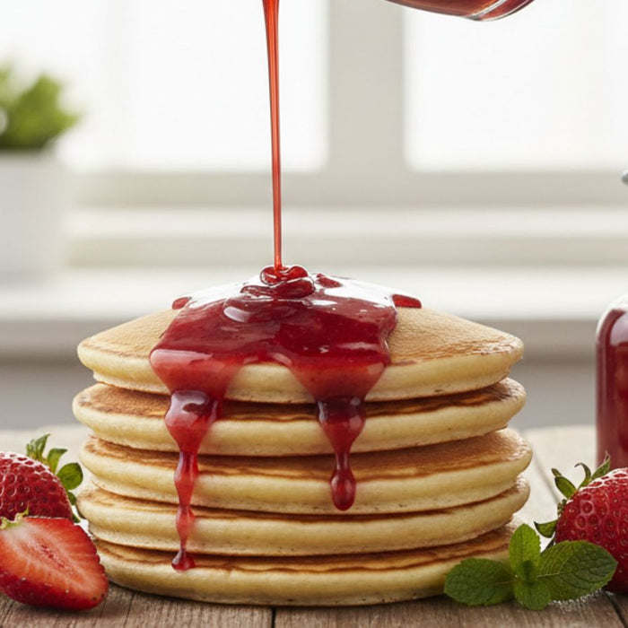 Stack of pancakes topped with strawberry syrup and fresh strawberries