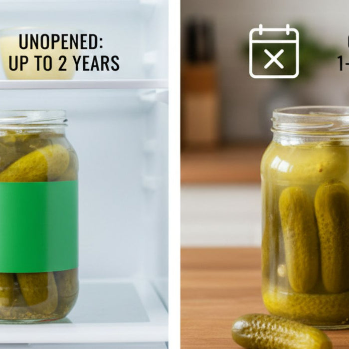 Graphic shows unopened vs opened jar shelf life: fridge vs counter tip