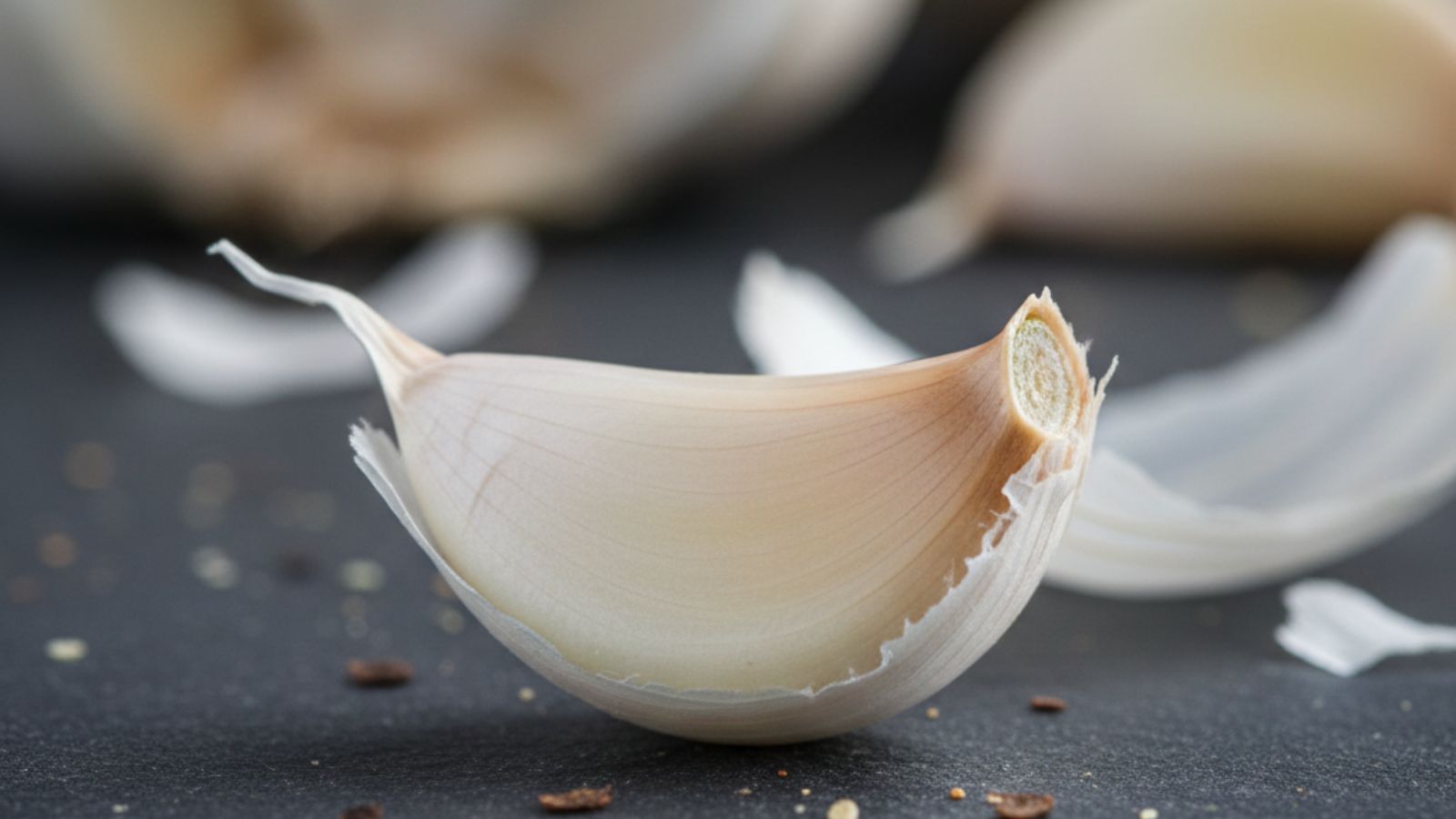 Single garlic clove on dark surface with scattered peel pieces
