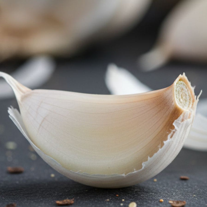 Single garlic clove on dark surface with scattered peel pieces