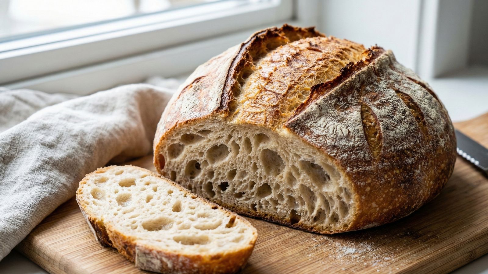 Rustic sourdough loaf sliced open showing airy crumb on board