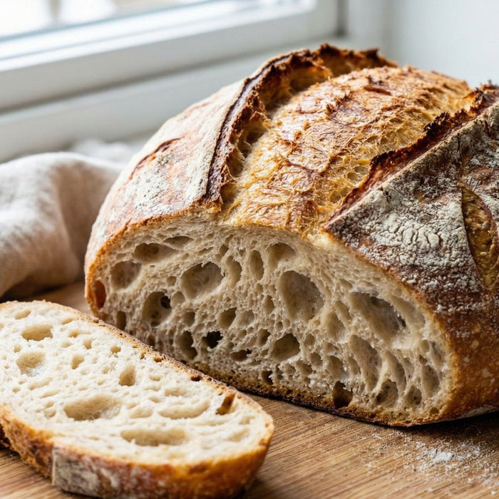 Rustic sourdough loaf sliced open showing airy crumb on board