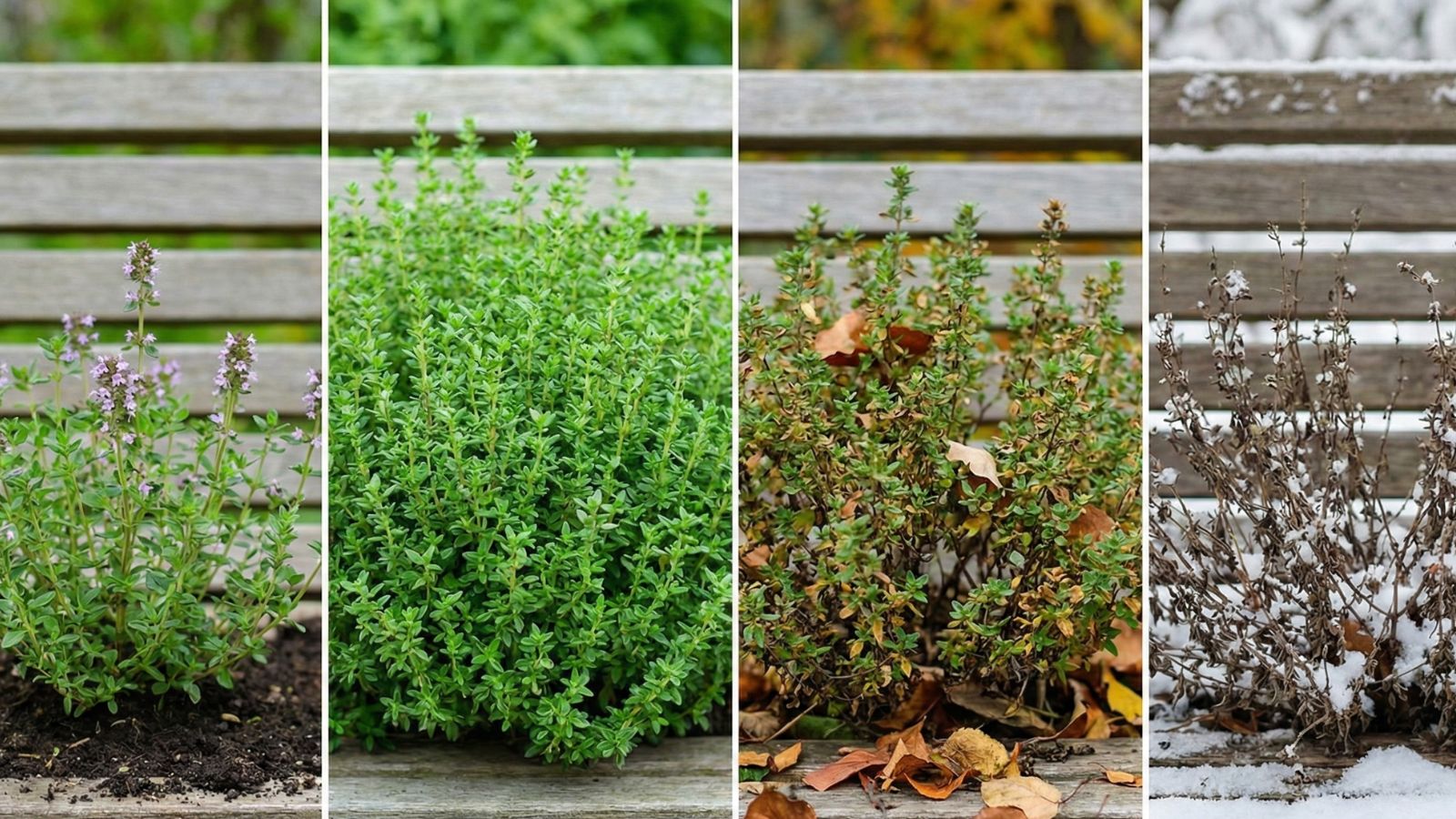 Thyme plant through seasons from flowering to winter dormancy