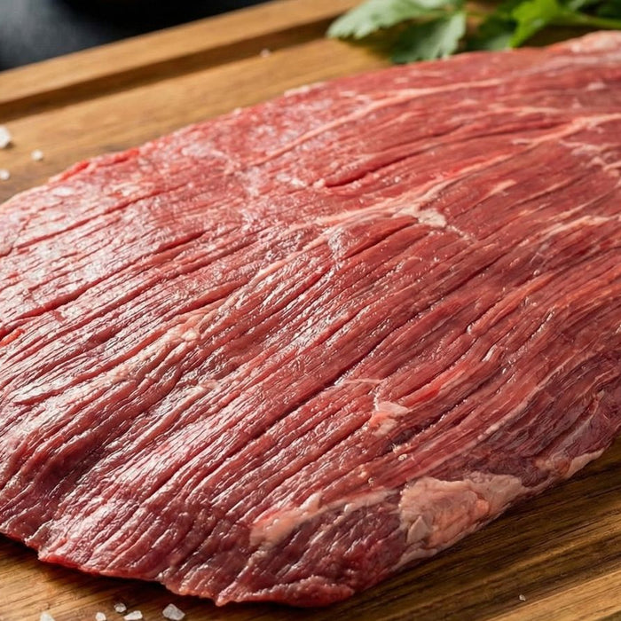 Raw flank steak laid flat on wooden cutting board with salt