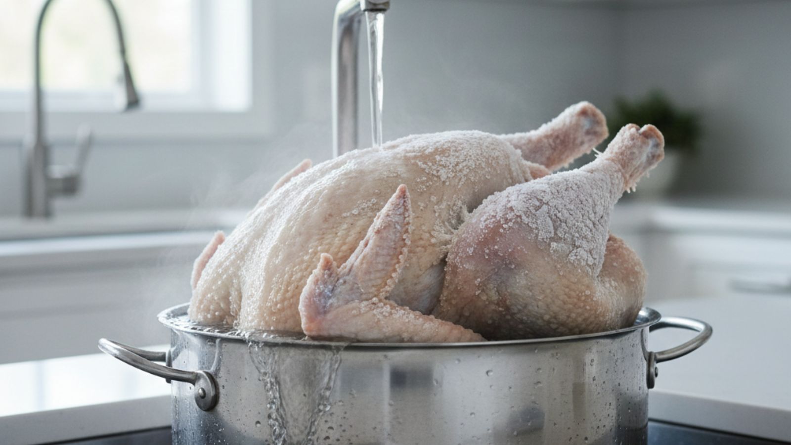 Raw whole turkey covered in salt under running kitchen tap