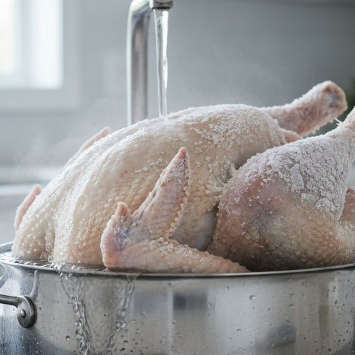 Raw whole turkey covered in salt under running kitchen tap