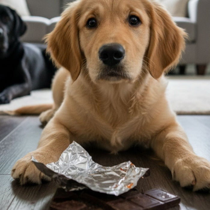 Golden puppy with chocolate bar while black dog watches behind